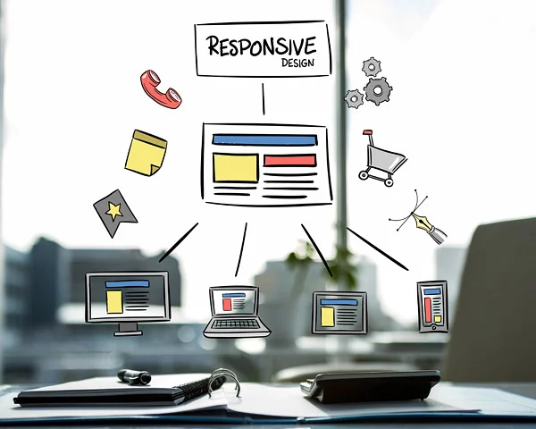 Sketch titled Responsive Design linking one web layout to desktop, laptop, tablet and phone screens above an office desk