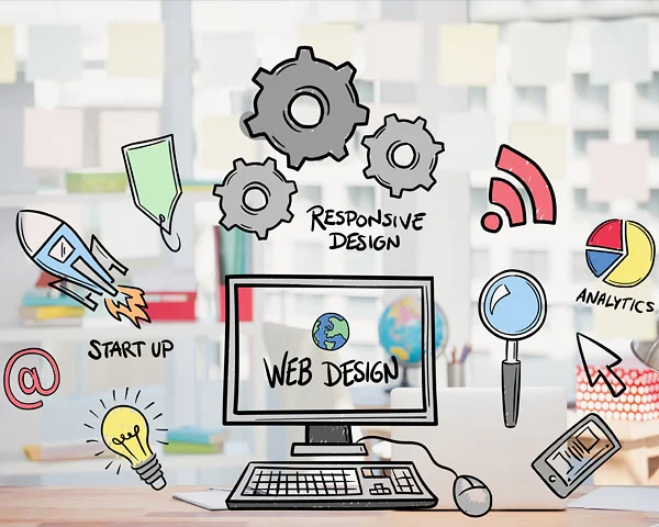 Sketched computer reading Web Design with Responsive Design gears, a Start Up rocket and Analytics chart for a redesign