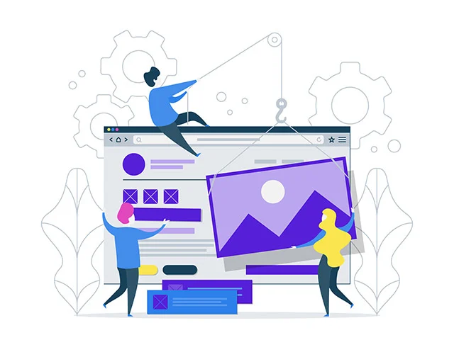 Illustration of a team assembling a website, hoisting a large image into place with a pulley among gears