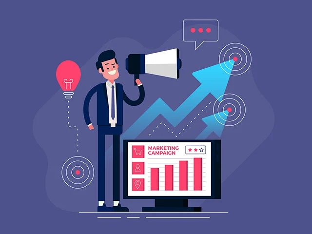 Cartoon businessman with a megaphone beside a Marketing Campaign screen of rising bars, illustrating hotel upselling