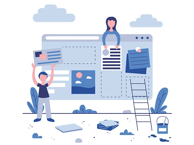 Illustration of two people arranging content blocks on a giant web page with a ladder and paint can, a confusing site