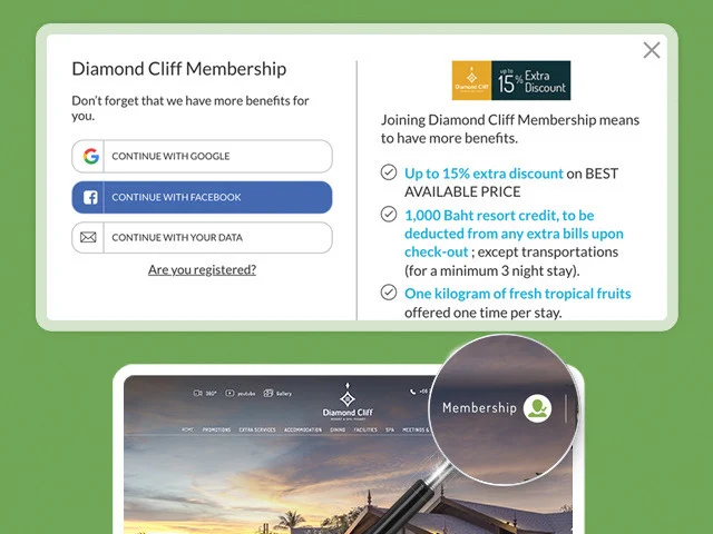 Diamond Cliff membership pop-up with Google and Facebook login buttons above the resort website on a tablet