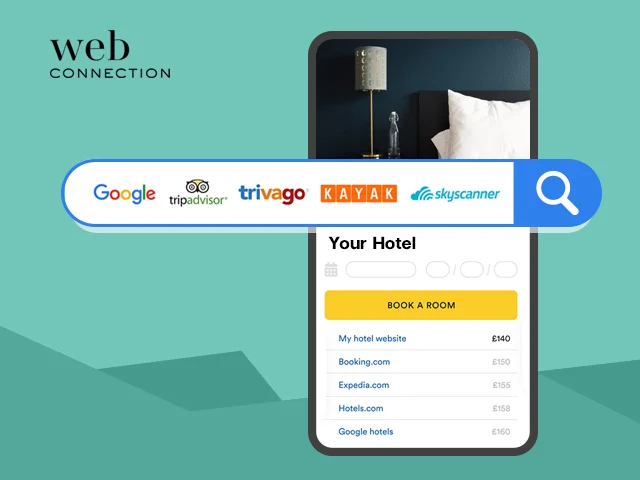 Search bar with Google, Tripadvisor, trivago, Kayak and Skyscanner logos over a phone comparing hotel rates