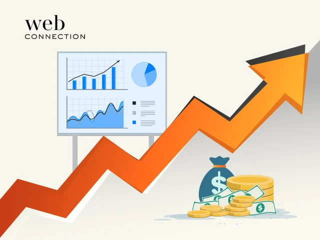 Orange arrow rising past a chart board, money bag, coins and banknotes, illustrating growing hotel revenue
