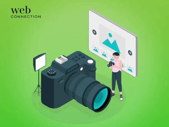 Illustrated photographer holding a camera beside a giant camera, softbox light and photo gallery screen