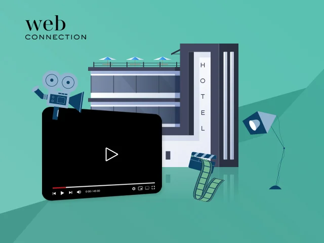 Video player with play button in front of a hotel building, with film camera, clapperboard and studio light