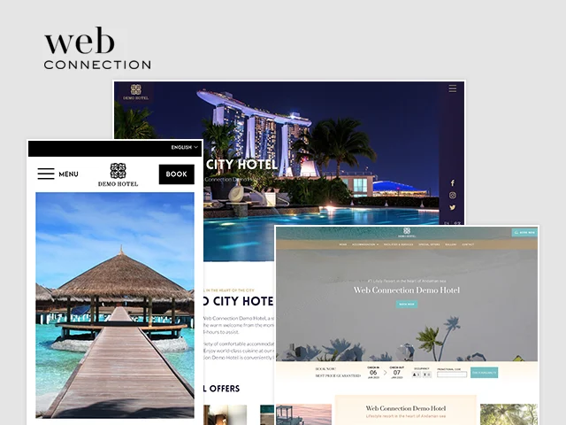 Demo hotel website template on desktop and mobile screens with a city pool, beach villa and booking bar