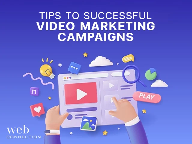 Hands holding a browser window with a video player, play button and social icons under a Video Marketing Campaigns heading