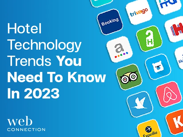 Grid of travel app icons including Booking, Trivago, Tripadvisor, Airbnb and Expedia beside a hotel tech trends headline
