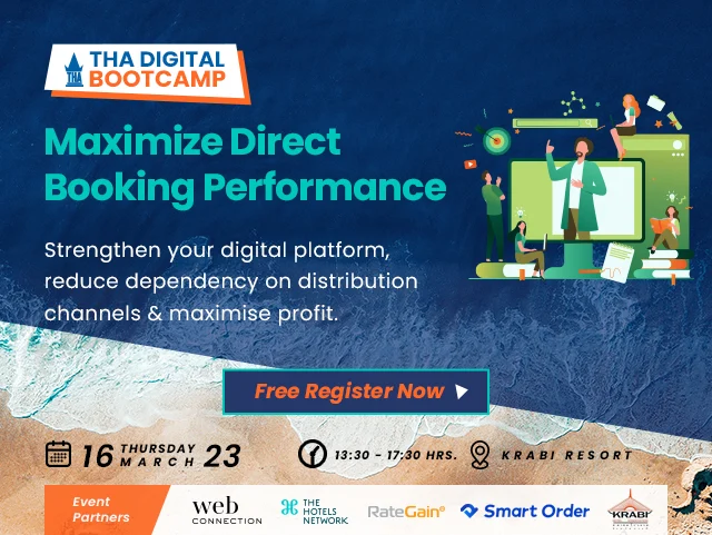 Wide THA Digital Bootcamp banner over a sandy shoreline with a Free Register Now button, dated 16 March 2023 at Krabi Resort