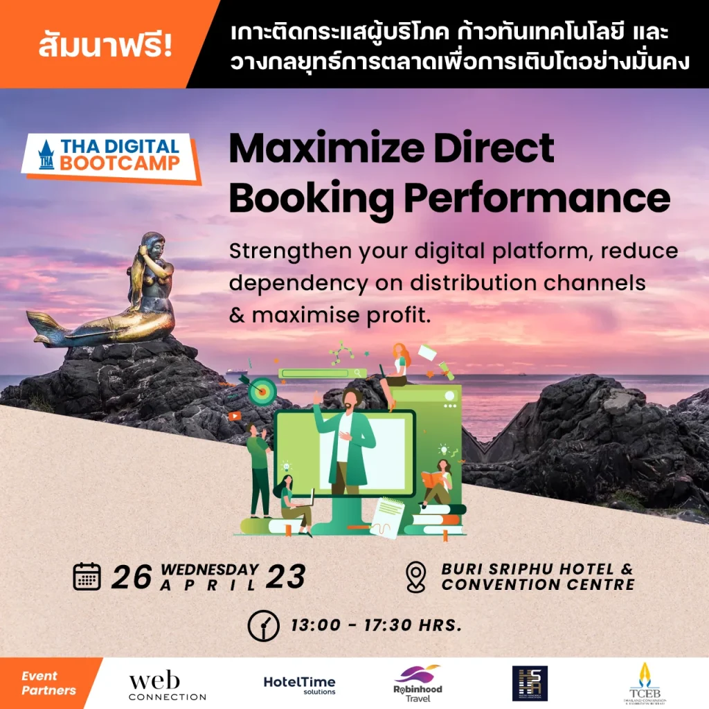THA Digital Bootcamp poster with a golden mermaid statue on sea rocks at a pink sunset, 26 April 2023 at Buri Sriphu Hotel
