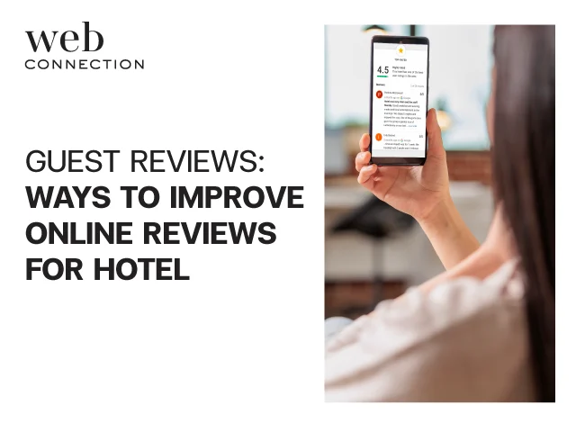 Hand holding a smartphone showing a 4.5 star hotel rating and guest comments, next to text on improving online reviews