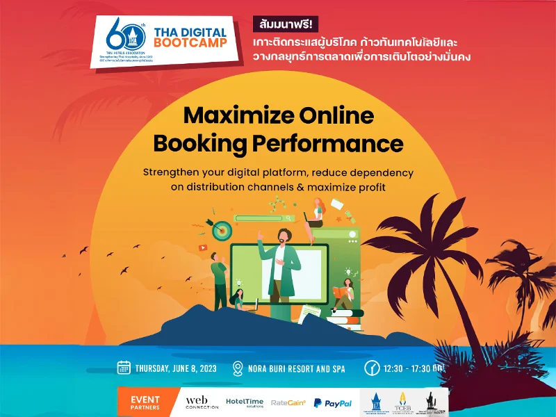 Sunset-orange THA Digital Bootcamp poster with palm trees and an island for 8 June 2023 at Nora Buri Resort and Spa