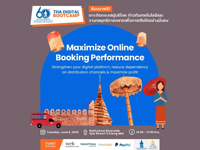 THA Digital Bootcamp poster with Chiang Mai icons: temple chedi, city wall, red songthaew and a woman with a paper umbrella