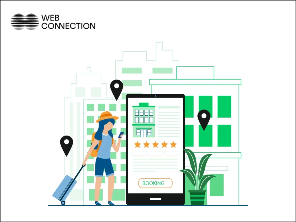 Traveler with a suitcase checking her phone beside a giant smartphone showing a five-star hotel listing and a Booking button