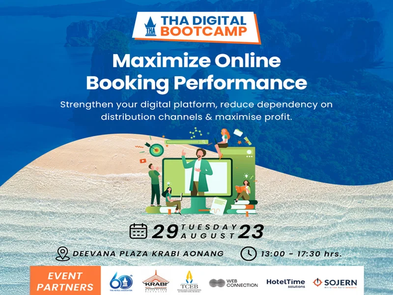 THA Digital Bootcamp poster with limestone islands in the background, dated 29 August 2023 at Deevana Plaza Krabi Aonang