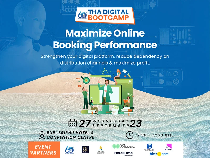 THA Digital Bootcamp flyer with beach and blue tech backdrop for 27 September 2023 at Buri Sriphu Hotel and Convention Centre