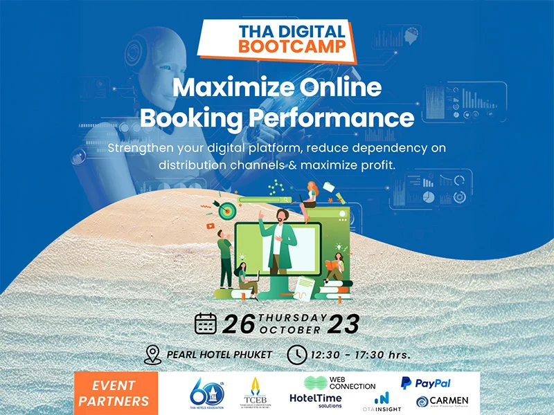 THA Digital Bootcamp poster on Maximize Online Booking Performance at Pearl Hotel Phuket, 26 October 2023, with partner logos