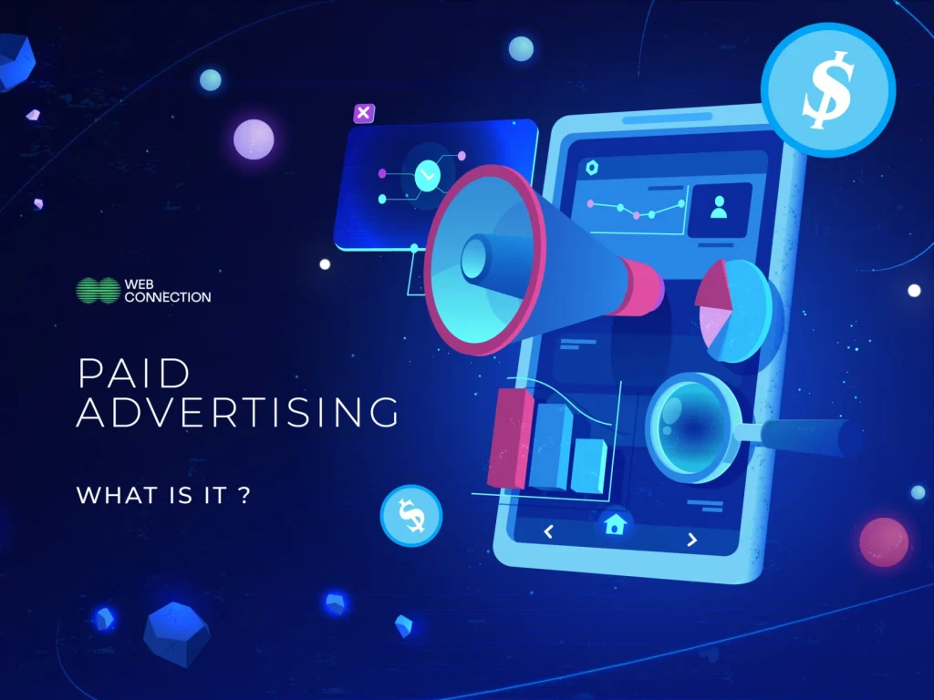 Megaphone, dollar coins and analytics charts around a smartphone on dark blue, with text Paid Advertising What Is It