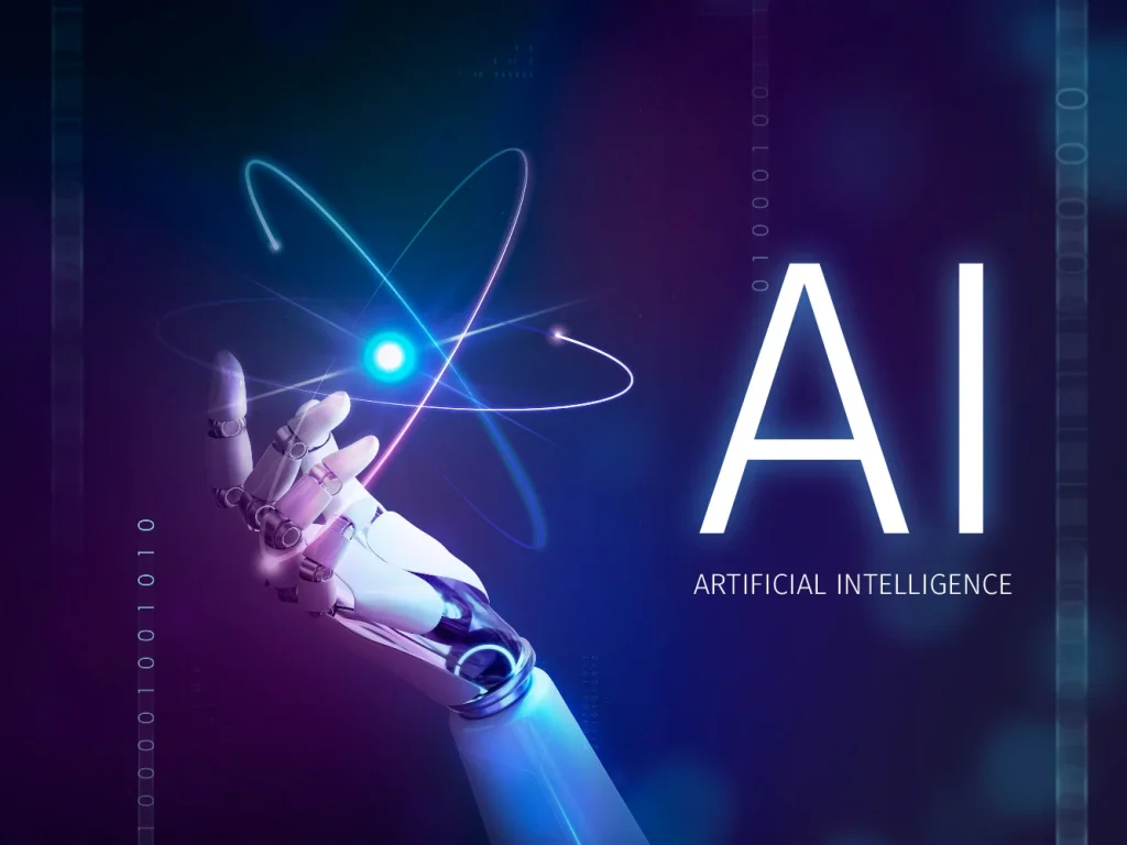 Robotic hand reaching toward a glowing atom symbol beside large AI Artificial Intelligence lettering on a purple background