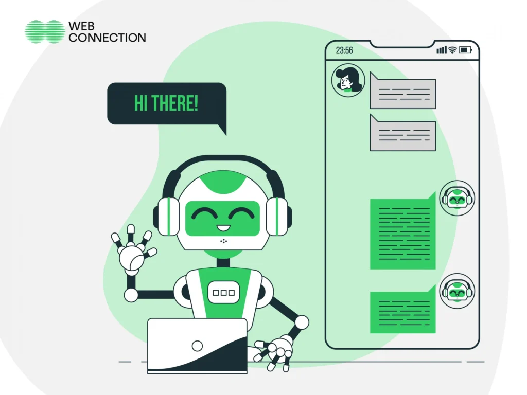 Smiling robot chatbot with headset at a laptop saying Hi There next to a phone showing a chat between a guest and the bot