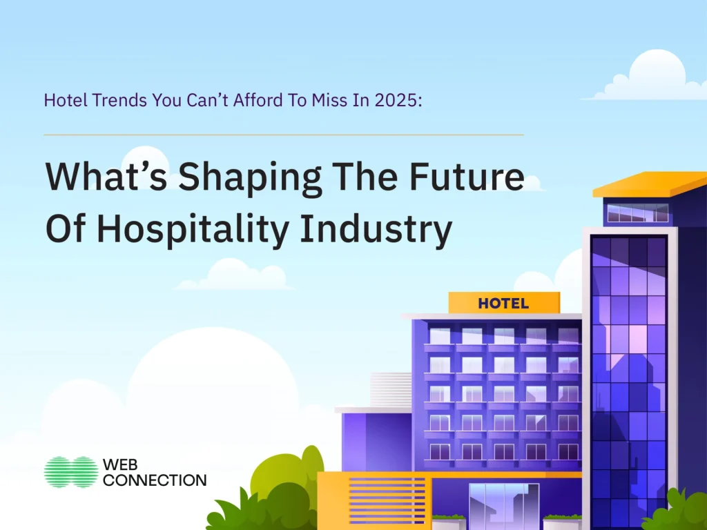 Banner reading What's Shaping the Future of Hospitality Industry beside an illustrated purple hotel building and blue sky