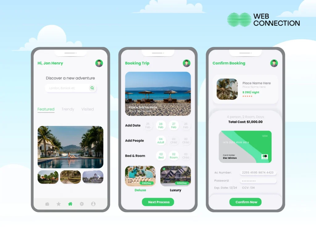 Hotel booking app screens for searching, choosing a room and confirming payment: key features of a hotel app