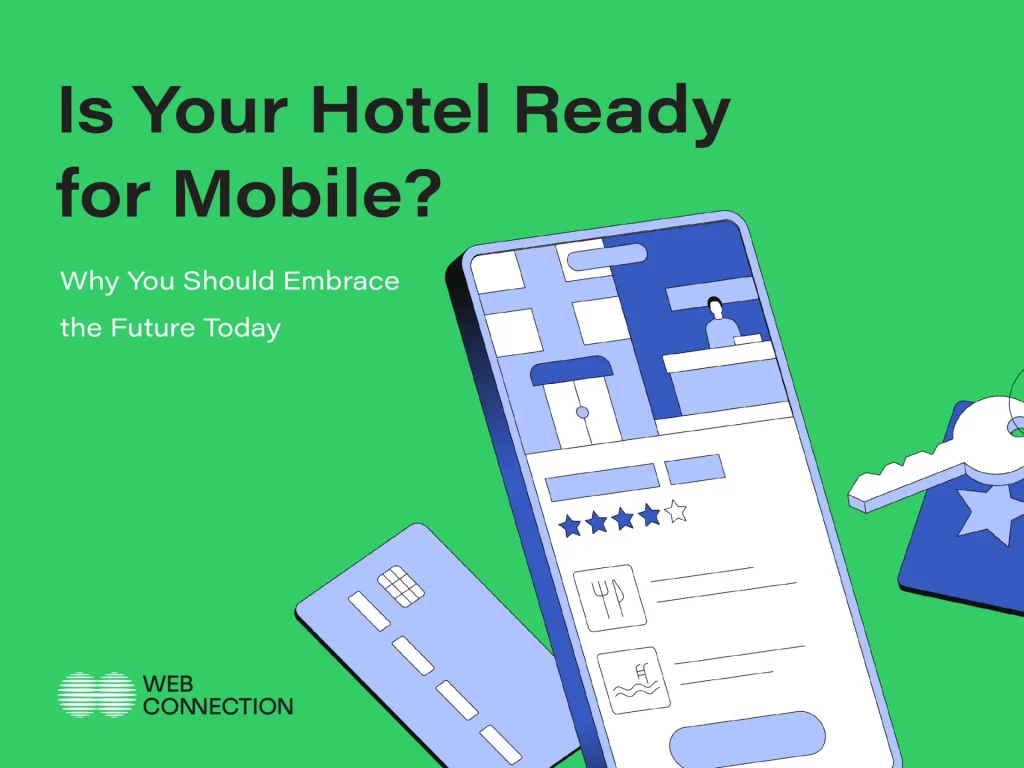 Hotel app on a phone with room booking, ratings and a digital key, synced in real time with the hotel's PMS