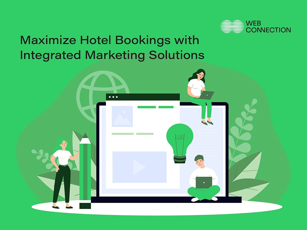 Illustration of a team working on a hotel website and online channels together to increase direct bookings
