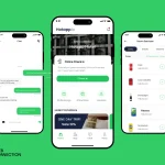 Hotapp.io branded hotel guest app showing chat with staff, online check-in and in-room dining orders