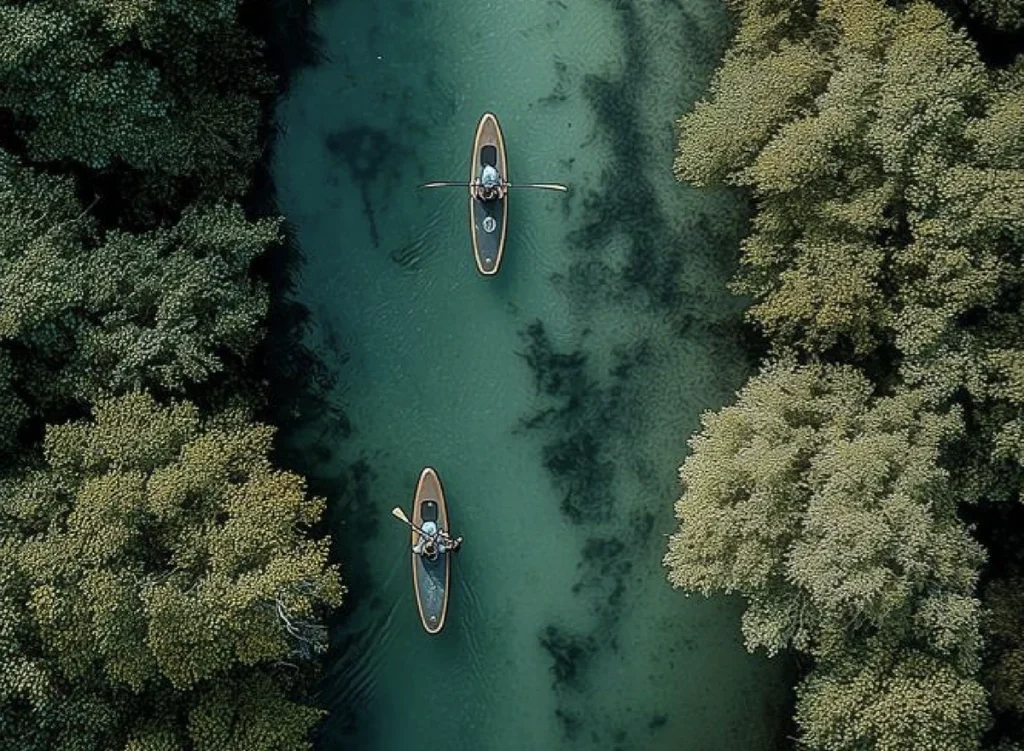 Aerial view of two kayaks on a green river between trees