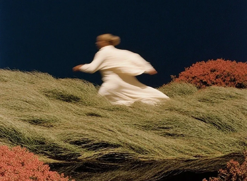 Woman in a white dress walking through windswept grass