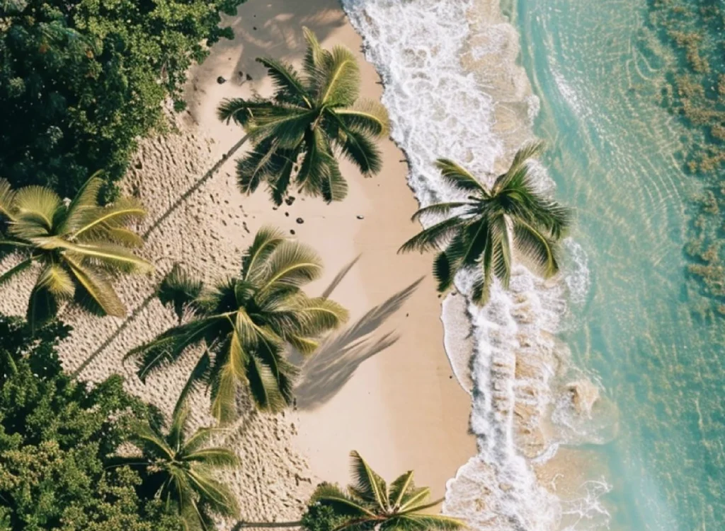 Aerial view of palm trees on a beach and the sea
