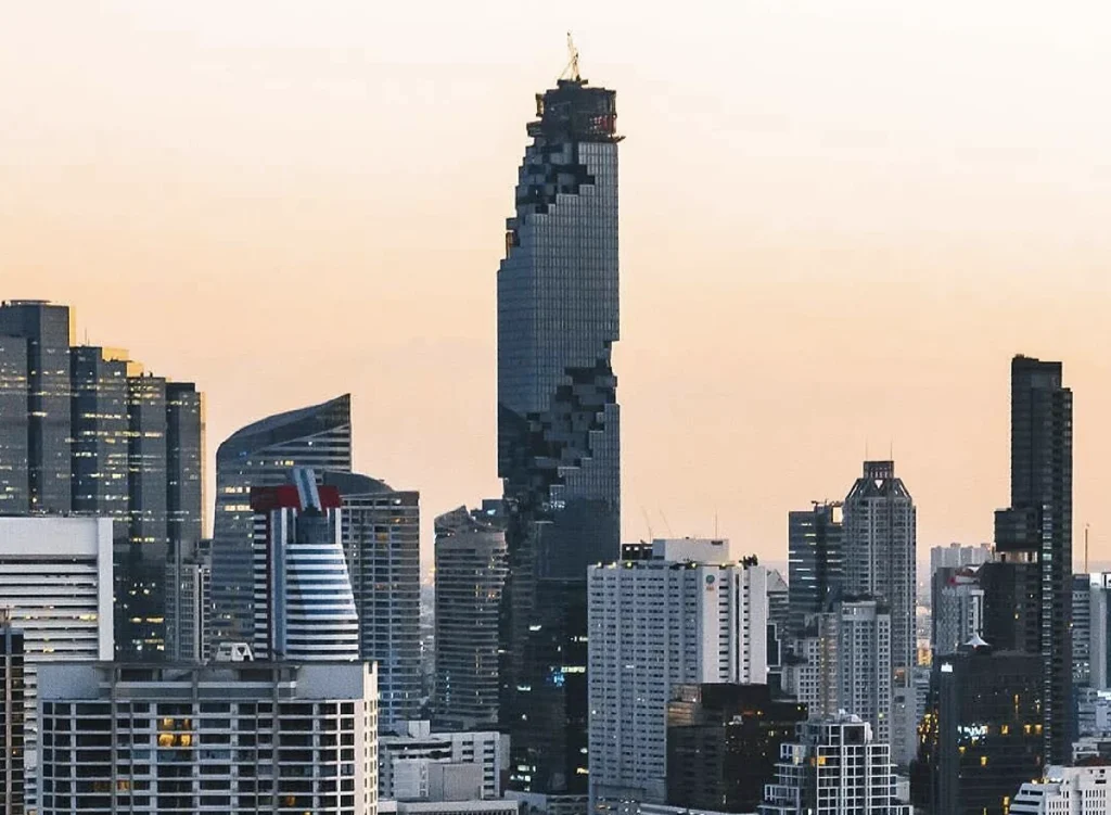 Bangkok city skyline with the MahaNakhon tower at dusk