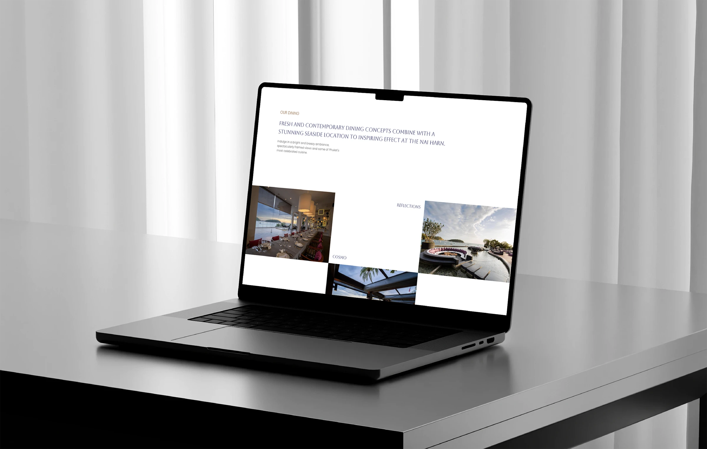 The Nai Harn website dining page on a laptop