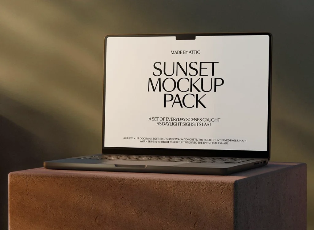 Website on a laptop on a stone block at sunset