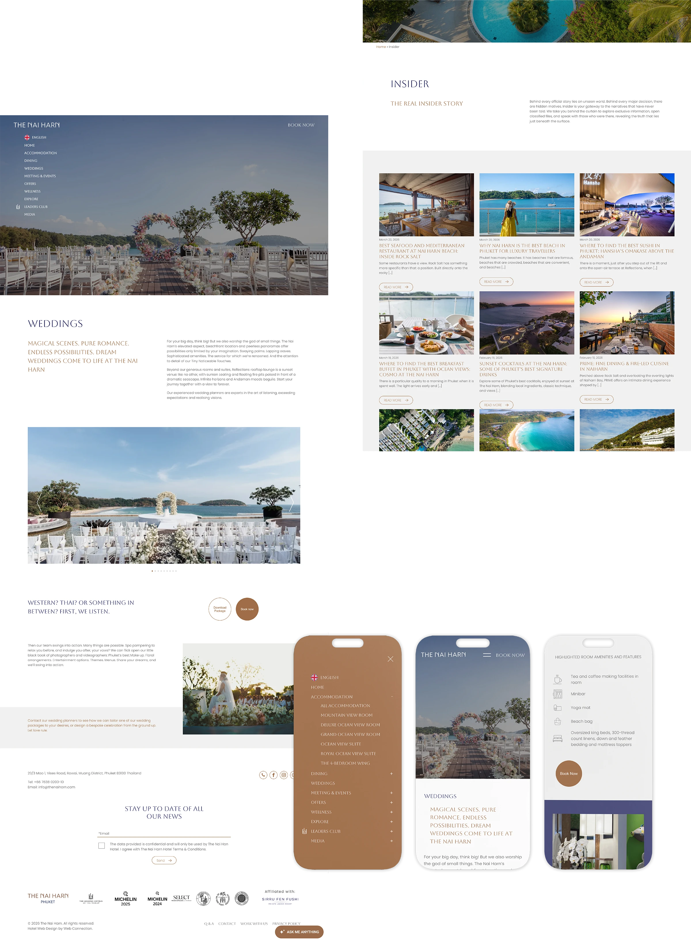 The Nai Harn website weddings and insider pages, with mobile screens